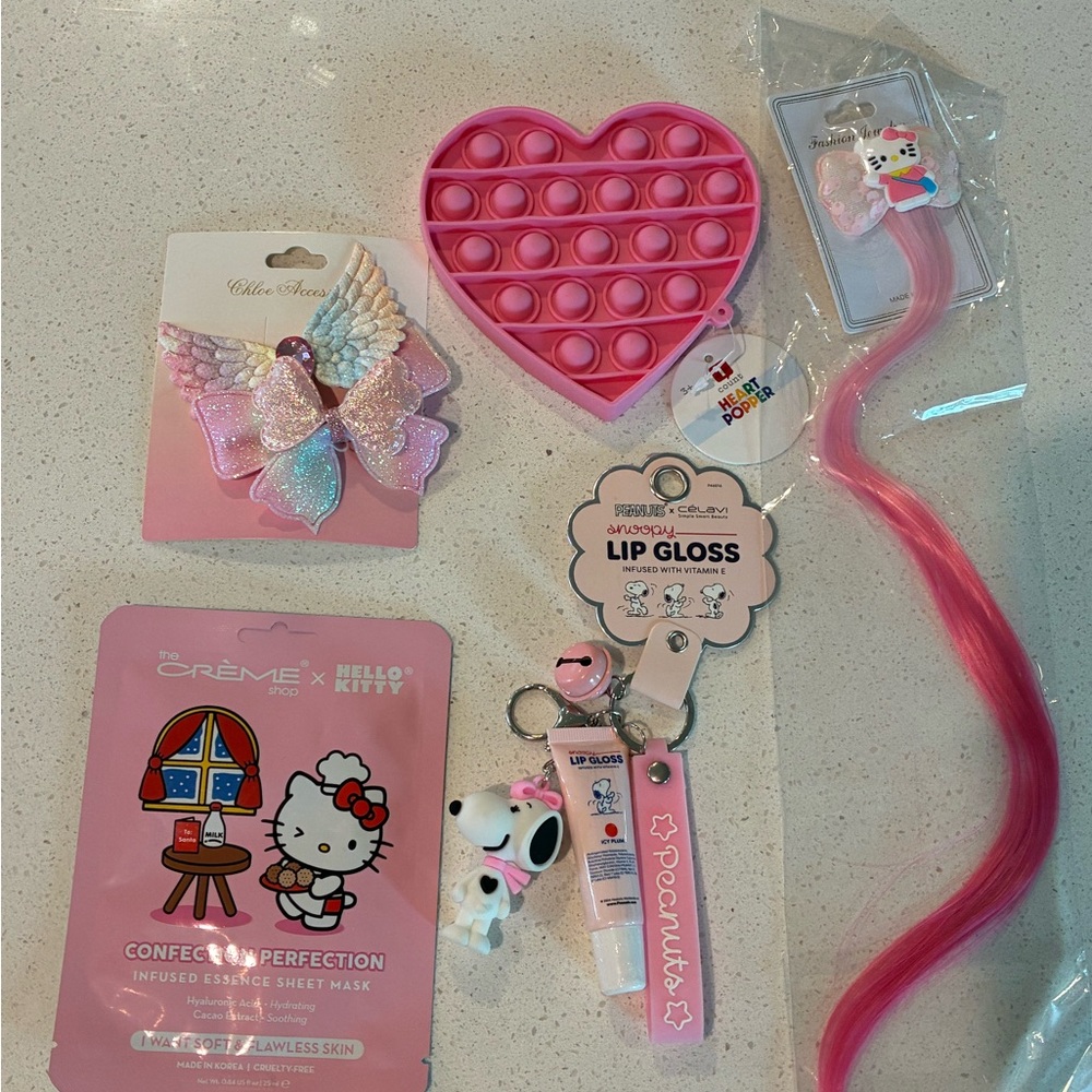 Peanuts Snoopy Lip Gloss, Pink Heart Pop It Fidget Toy, and Hair Accessories